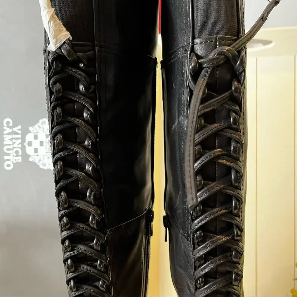 NEW Vince Camuto Corset Calf Leather Laced Tolla Over The Knee Boots Black Sz 6